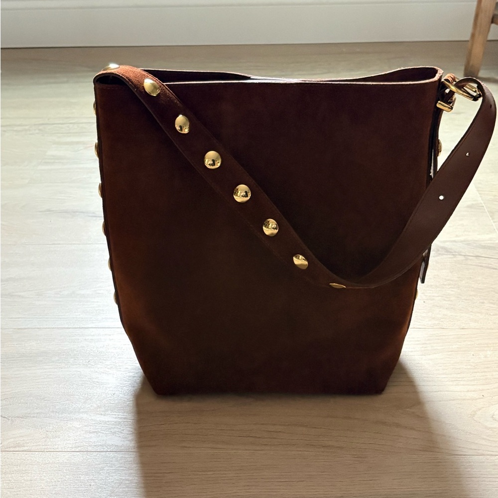 Madewell Essential Bucket Tote Brown Suede Leather Studded Shoulder Bag EUC